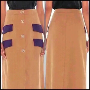 Weili Zheng Camel Velvet Ribbed Contrasting Purple Pockets Midi Skirt Si…